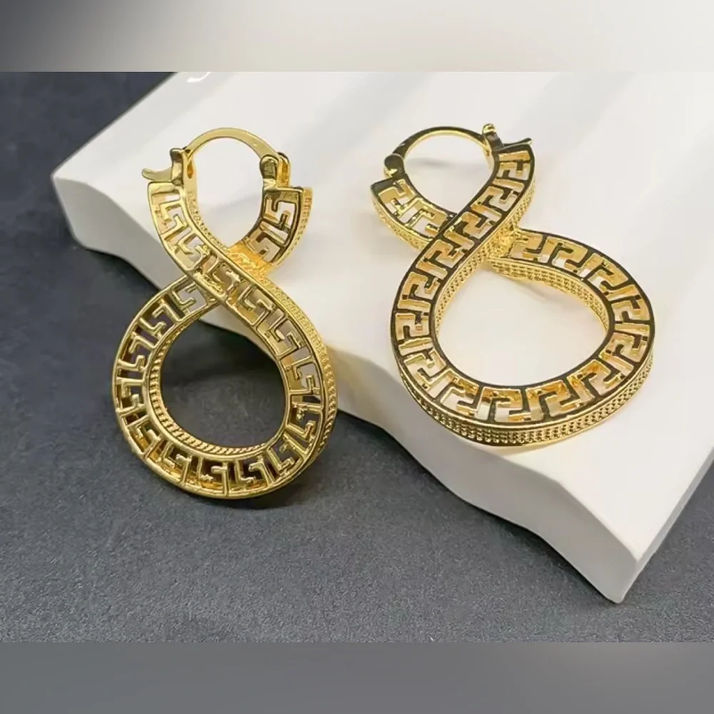18K Gold Infinity Shape Hoop Style Earrings With Greek Style Design